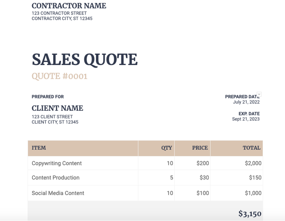 Sample business quote example generated using PHCWorkHub
